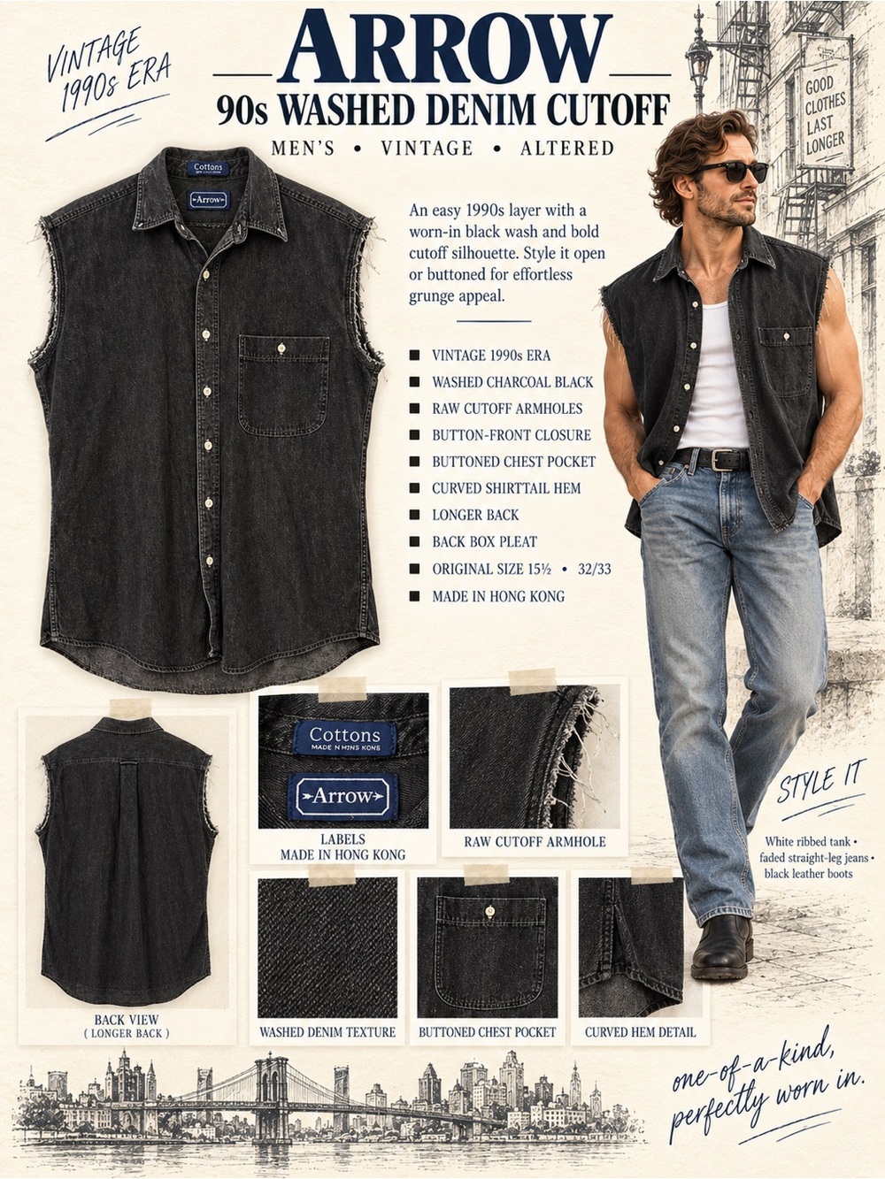 Arrow 90s Washed Charcoal Black Denim Cutoff Vest